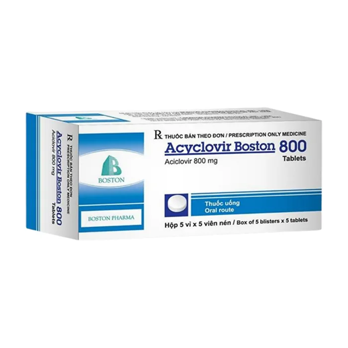 Acyclovir Boston 800 (Hộp 5 vỉ x 5 viên) - Điều trị và dự phòng nhiễm Herpes simplex type 1 và 2 ở da và niêm mạc
